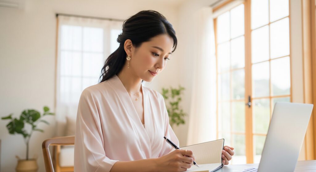 ウェディングドレスをきれいに着るためのダイエット計画を立てる女性