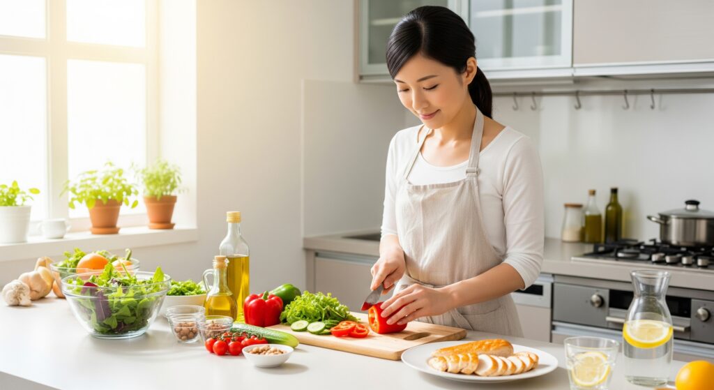 結婚式までに痩せたい花嫁が自宅で健康的な料理を作っている様子