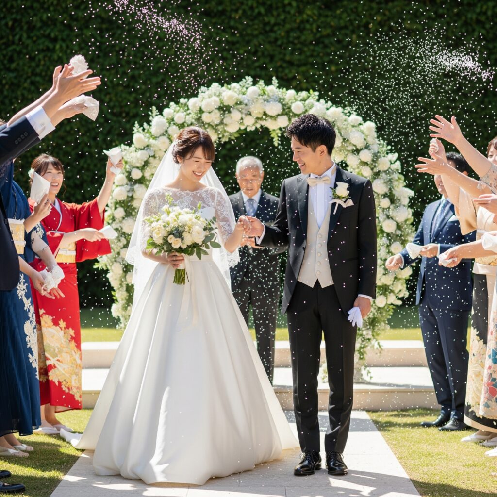 結婚式でライスシャワーを浴びる新郎新婦