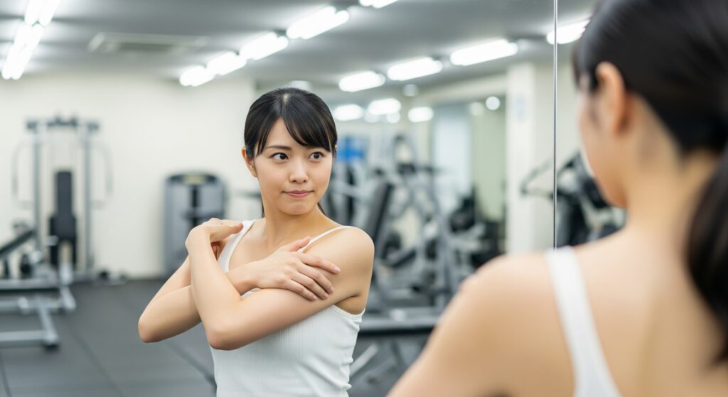 ウェディングドレスをきれいに着るためのダイエットのトレーニング中に二の腕を気にする女性