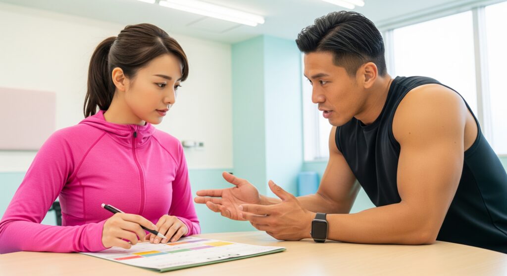 結婚式のための追い込みダイエットの計画をパーソナルトレーナーと立てる花嫁