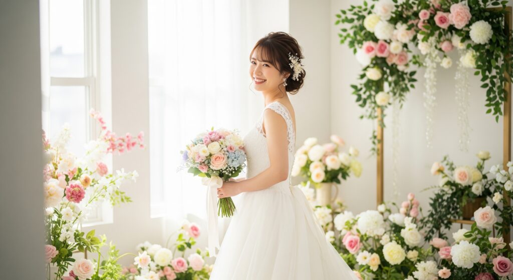 前撮りのためにダイエットを行い、理想の姿で当日を迎えた花嫁の後ろ姿