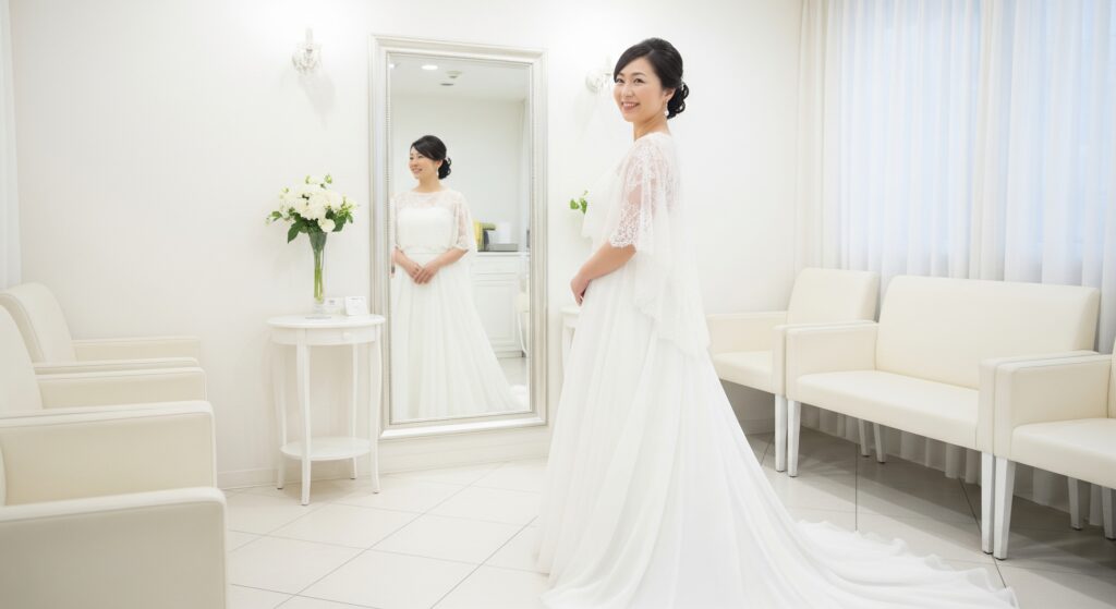 ダイエットに成功し、ウェディングドレスをきれいに着られる状態で当日を迎えた女性