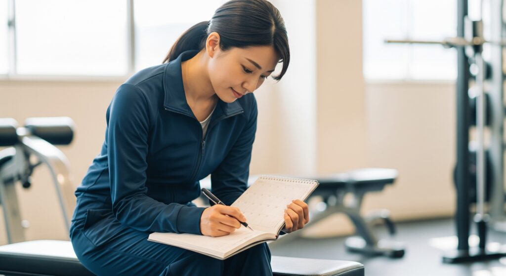 スタジオウェディングのためのトレーニング中にトレーニング内容をメモする花嫁