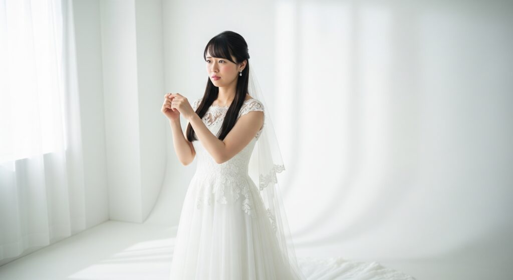 スタジオウェディングのためのトレーニングに不安を抱えている花嫁