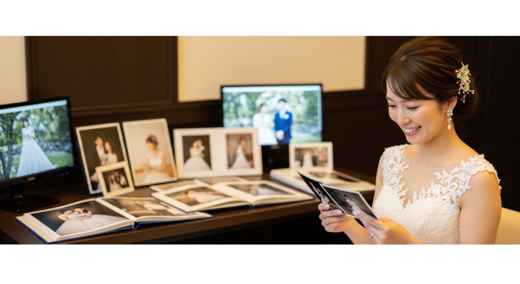 スタジオウェディングのためのトレーニングに成功し、撮った写真に納得する花嫁