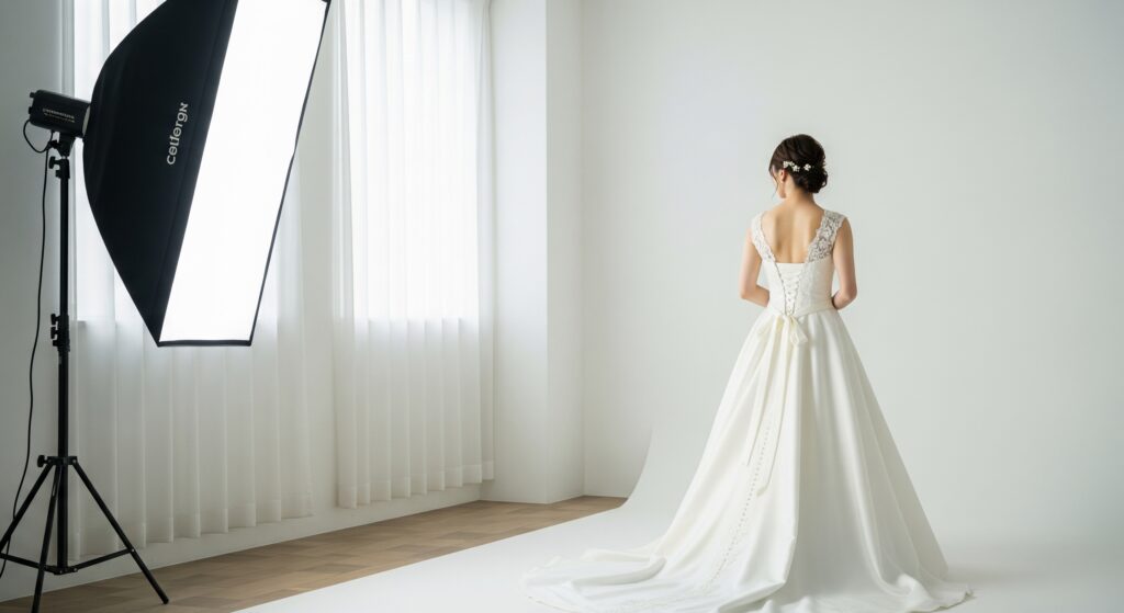 スタジオウェディングのためのトレーニングに成功し、理想の姿で当日を迎えた花嫁の後ろ姿