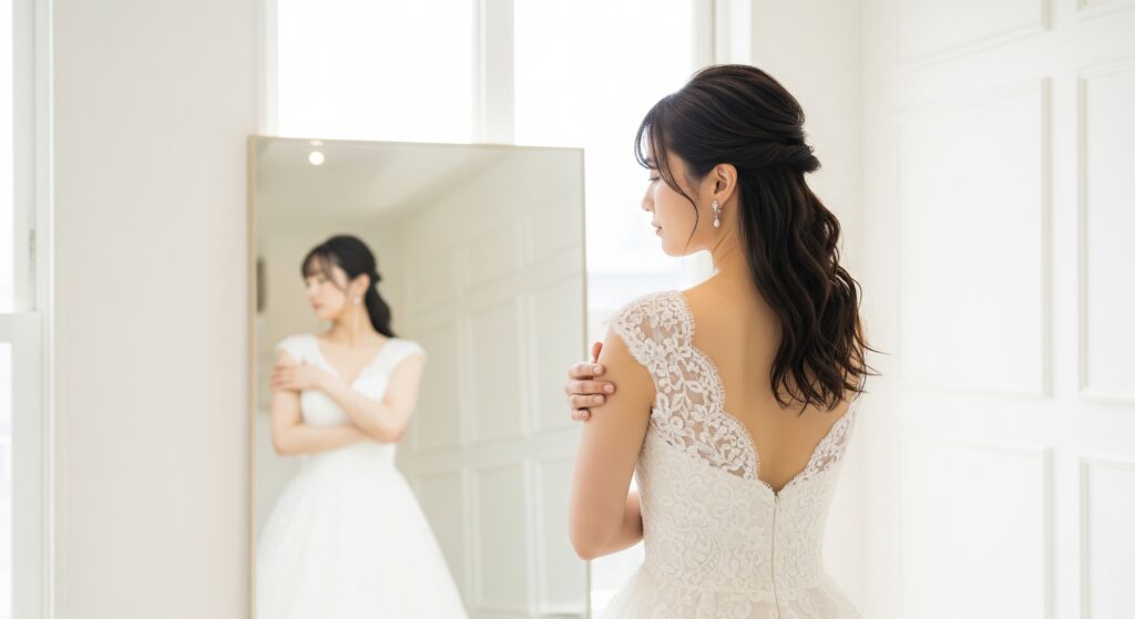 ウェディングドレスを試着し、二の腕を触りながらダイエットのことを考えている女性