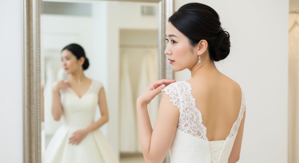 ウェディングドレスを試着し、結婚式に向けて-10㎏のダイエットを決意する女性