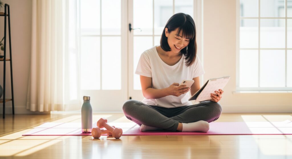 前撮りのためにダイエットを自宅で行い、スケジュールを確認する花嫁