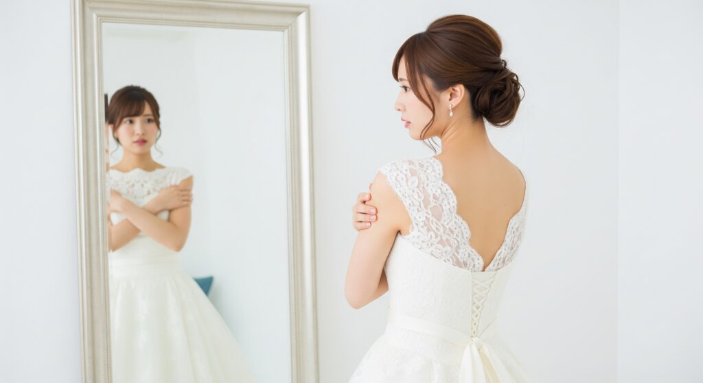 ウェディングドレスを試着し、結婚式までに痩せることを決意している花嫁