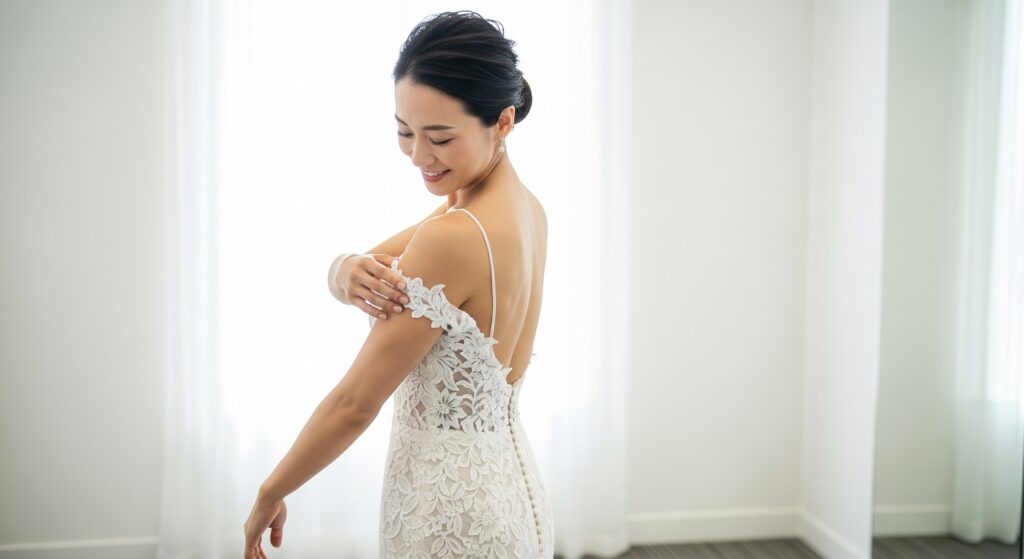 ウェディングドレスを試着し、結婚式のための追い込みダイエットを決意する花嫁