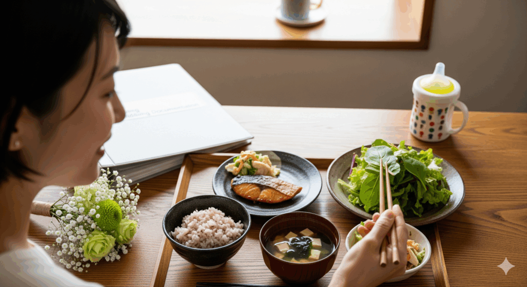 サラダから食べ始める日本人女性の昼食シーン。焼き魚・雑穀米・味噌汁・サラダチキンが並び、横にブーケと資料。背景にベビー用マグがあり、結婚 式 前 ダイエット 食事 を意識したランチ風景を表現。