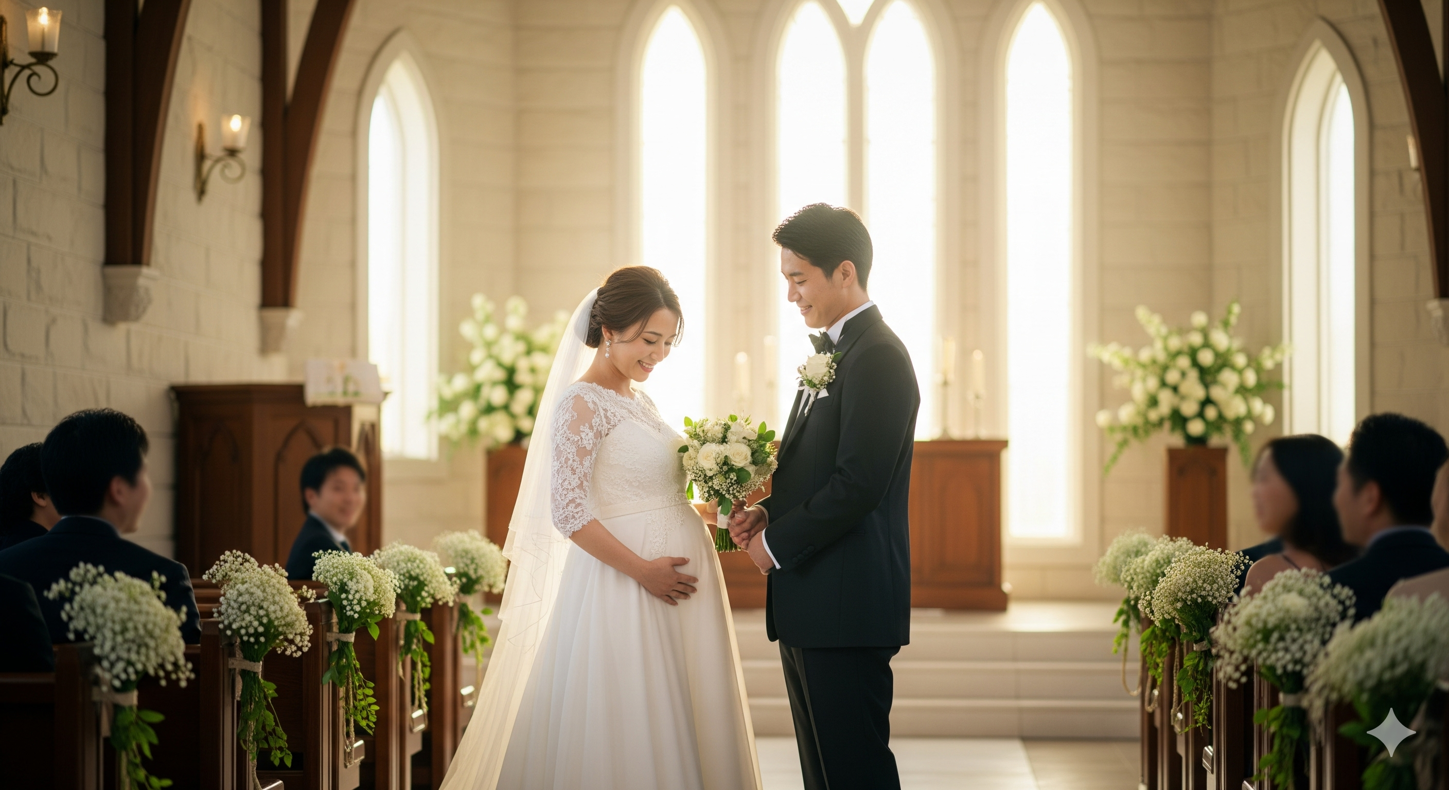 妊婦 花嫁 ダイエットを意識しながらマタニティウェディングを迎える花嫁が、純白のドレスでお腹に手を添えて立つ姿
