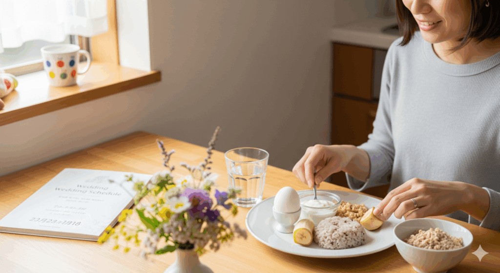 朝の食卓に並ぶゆで卵・ヨーグルト・バナナ・雑穀ご飯。日本人女性が準備をしており、テーブルには結婚式のスケジュール帳とブーケ。背景のベビー用マグとともに、結婚 式 前 ダイエット 食事 と育児を両立する様子を表現。