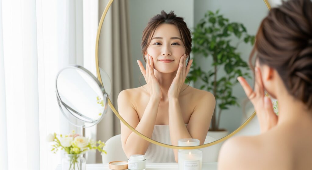 ウェディングドレスを着るために上半身のラインを気にして自宅でフェイスラインのケアをする女性