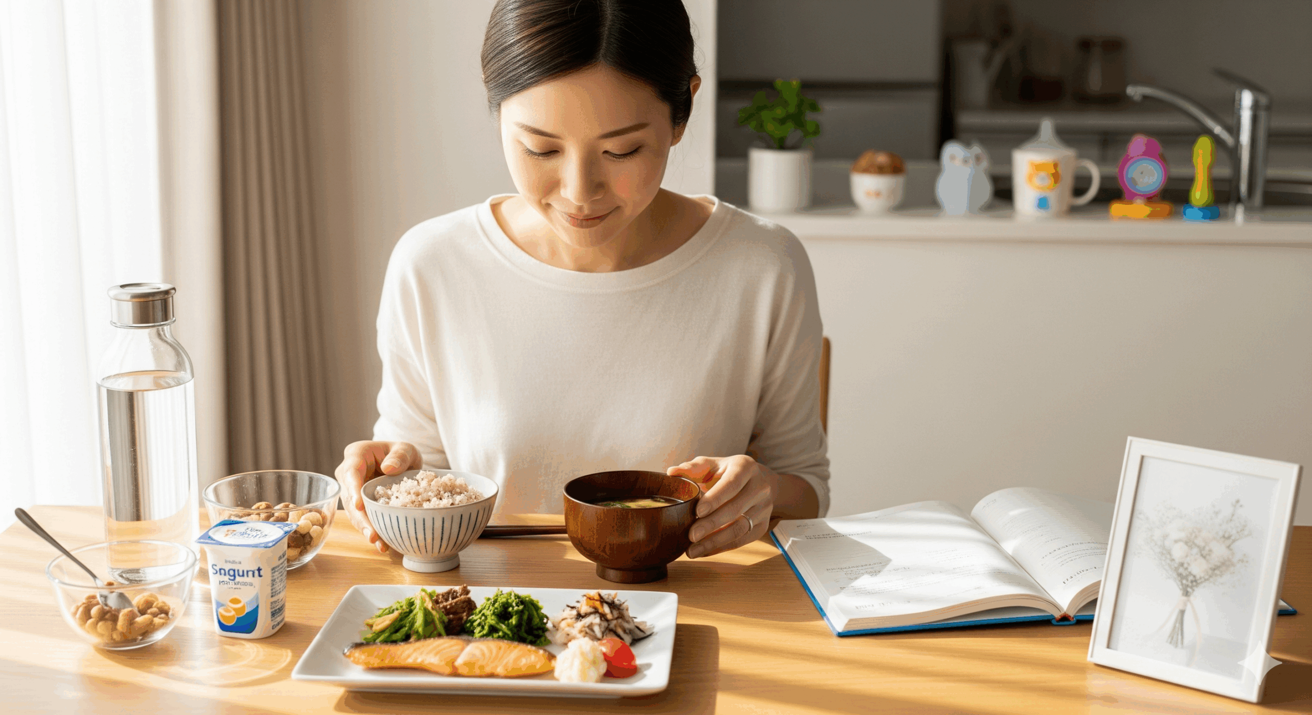 結婚式前の日本人女性が朝のキッチンで高たんぱく・低脂質の食事を準備している様子。テーブルにはウエディングのスケジュール帳とブーケが置かれ、背景にベビー用マグもあり、結婚 式 前 ダイエット 食事 と育児を両立したライフスタイルを表現。