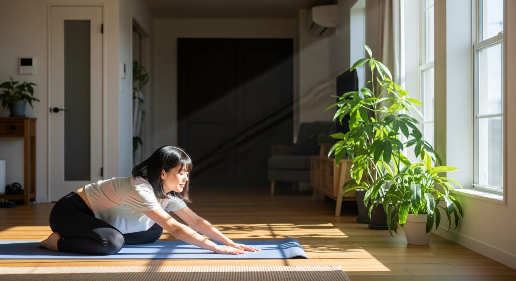 ブライダルのための自宅でダイエットとしてストレッチを行う花嫁
