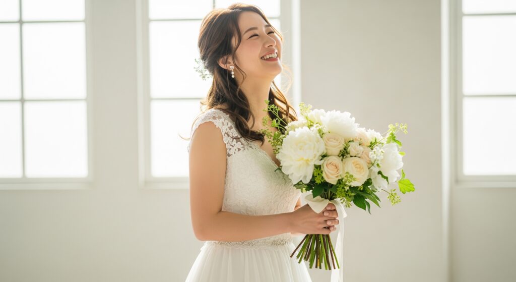ウェディングフォトに向けたダイエットに成功し、理想の姿を手に入れた花嫁の横からの姿