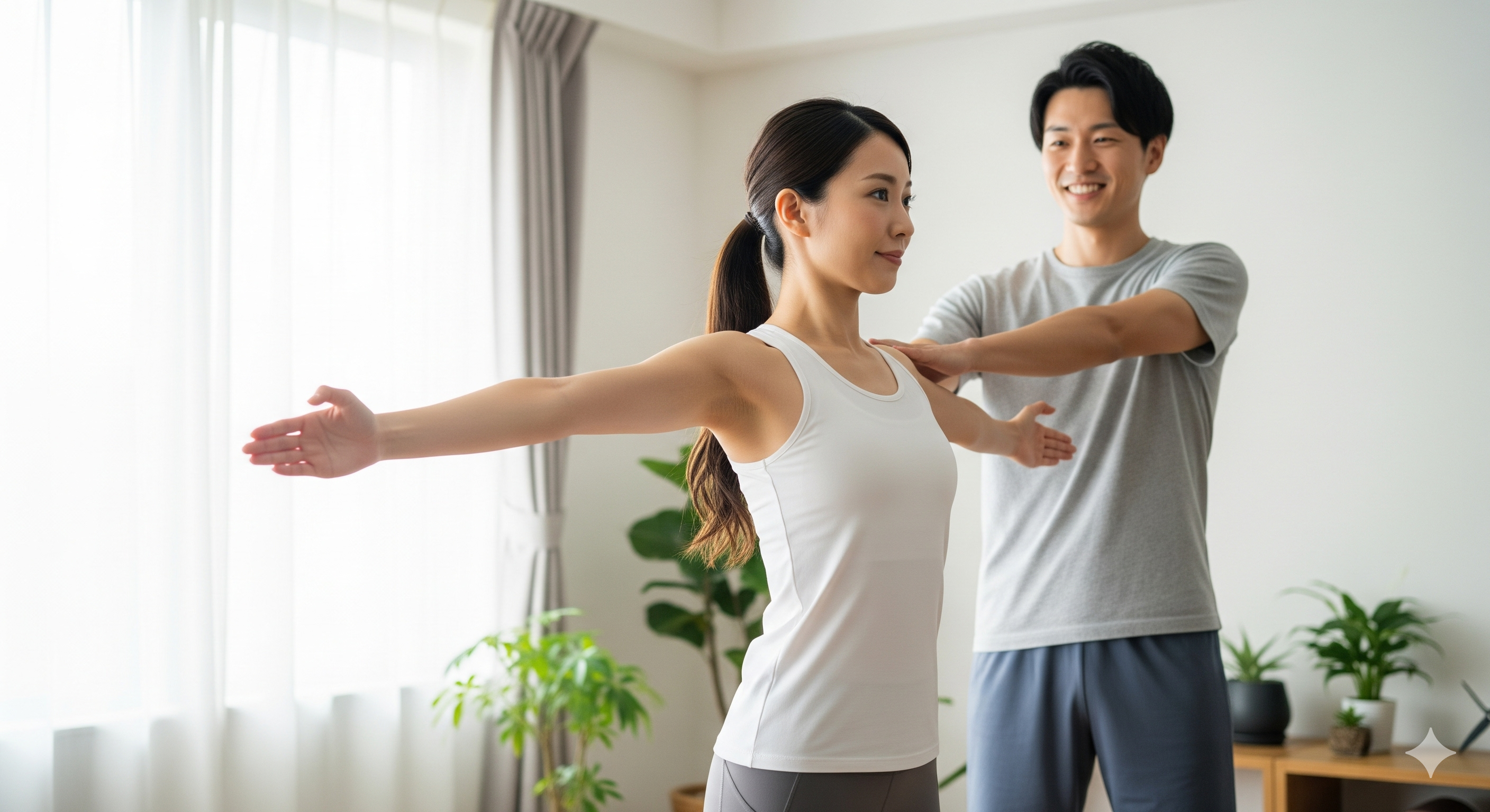 花嫁 ダイエット 1 ヶ月を目指す花嫁が、肩甲骨エクササイズを旦那さまと一緒に行い、背中と二の腕を引き締めている様子。