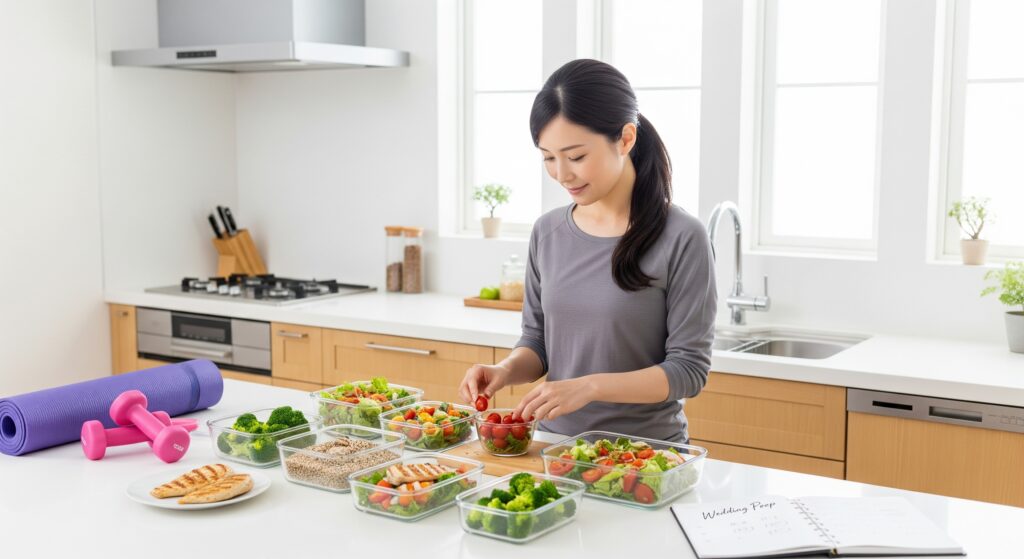 ウェディングフォトに向けたダイエットのために健康的な食事を作る花嫁