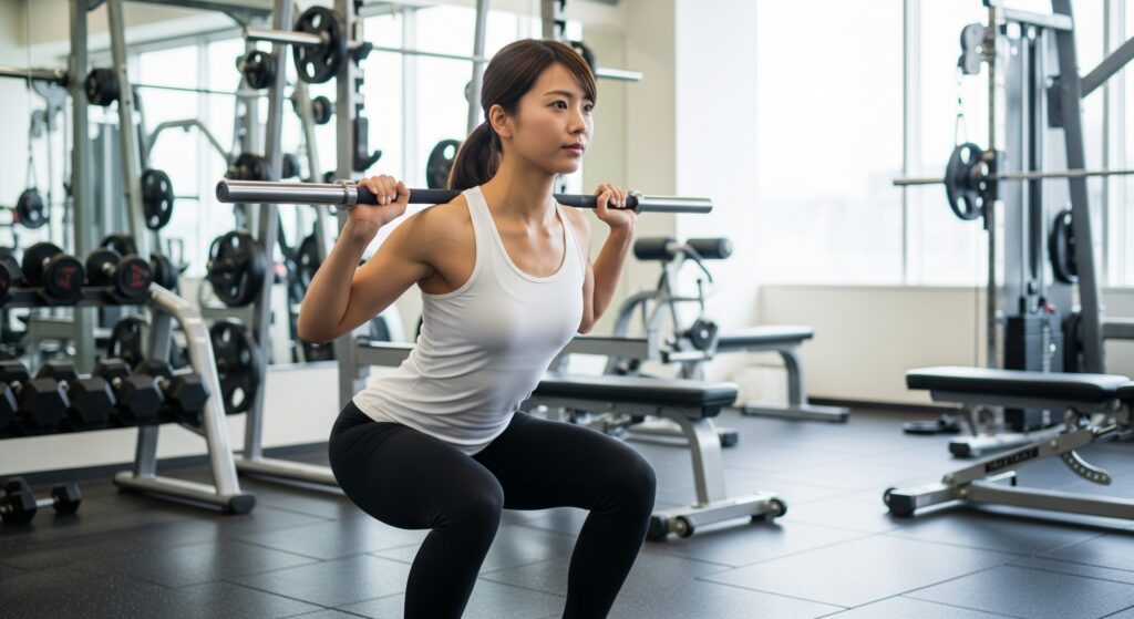 結婚式に向けて20kgのダイエットのためにスクワットをする花嫁