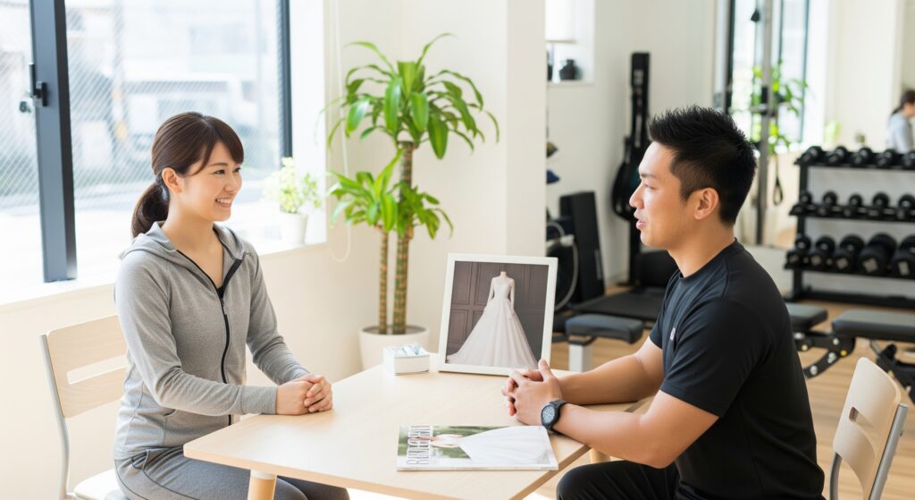 ウェディング準備でパーソナルジムに通うためにトレーナーに相談する花嫁