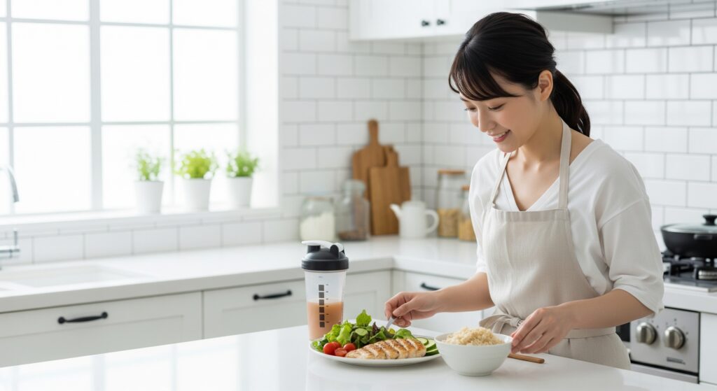 結婚式に向けて20kgのダイエットのため食事を作る花嫁