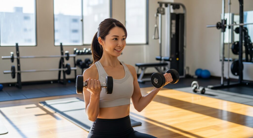 ウェディングドレスを着るために上半身のラインを気にしてジムでトレーニングをする女性