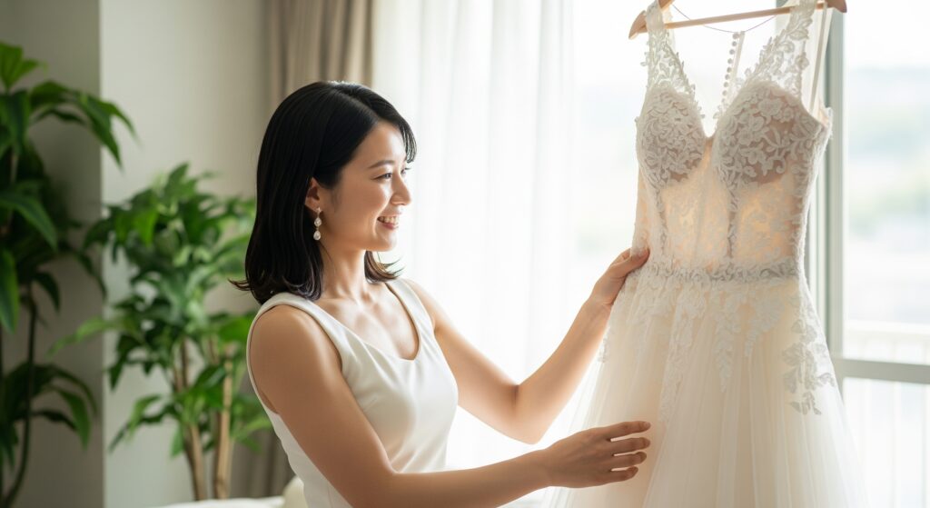 ブライダルのための自宅でダイエットに成功し、笑顔でウェディングドレスを眺める花嫁