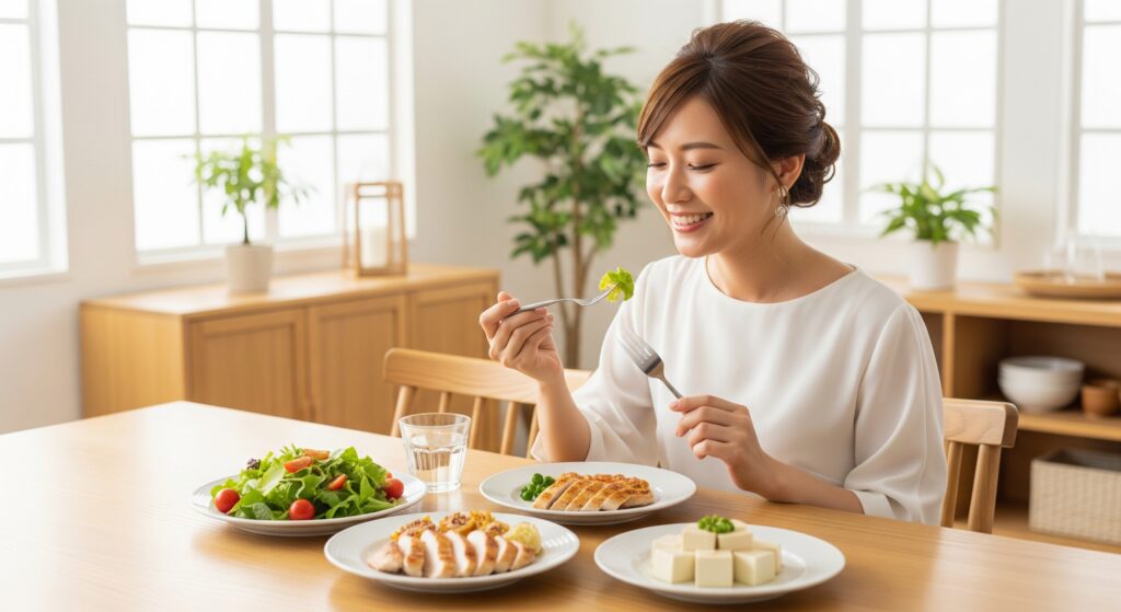 結婚式のために健康的な食事を自宅で取る花嫁