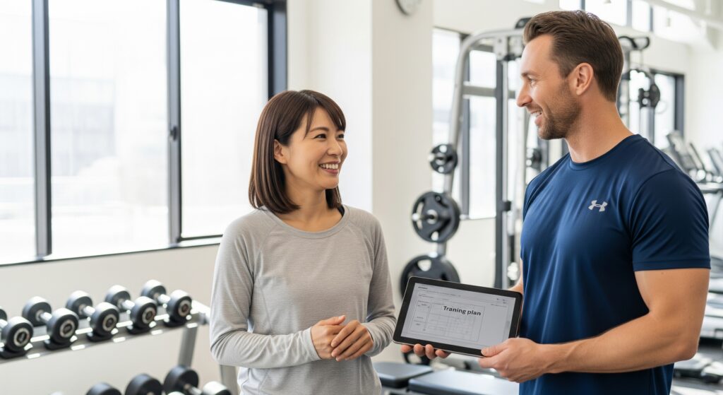 結婚式に向けて痩せたい花嫁がパーソナルトレーナーと話す様子