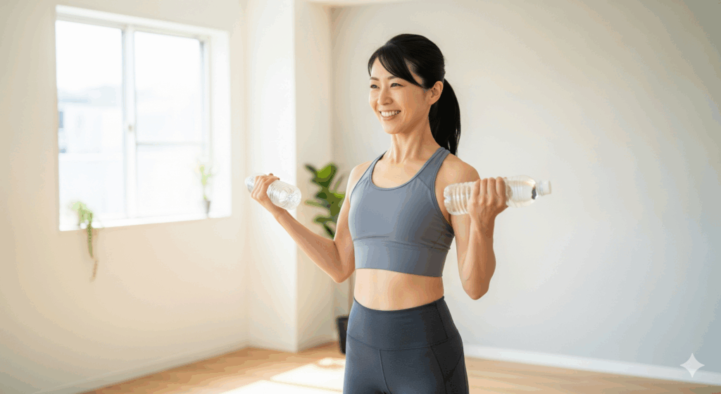 結婚式まで1ヶ月ダイエットの2週目に取り入れる二の腕と背中の引き締めトレーニングをする花嫁のイメージ。
