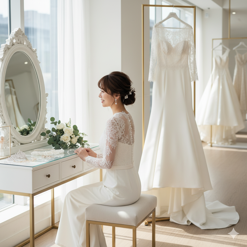 ウェディングフォトの準備をする花嫁が鏡の前で微笑んでいるシーン