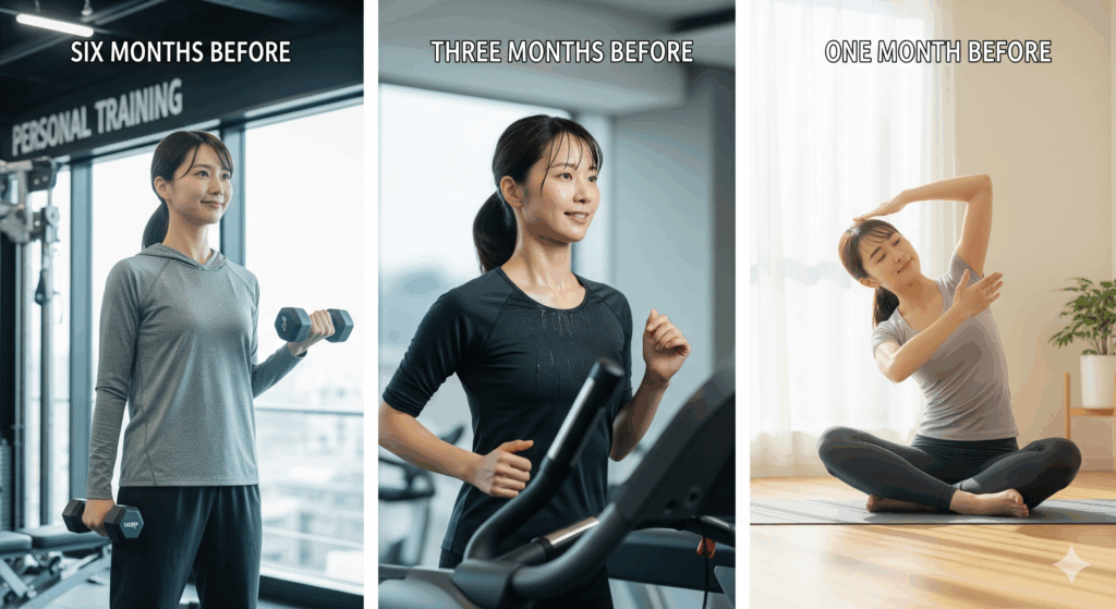 結婚式のために15キロのダイエットを目指す花嫁が半年前・3か月前・1か月前の時期別に準備する様子
