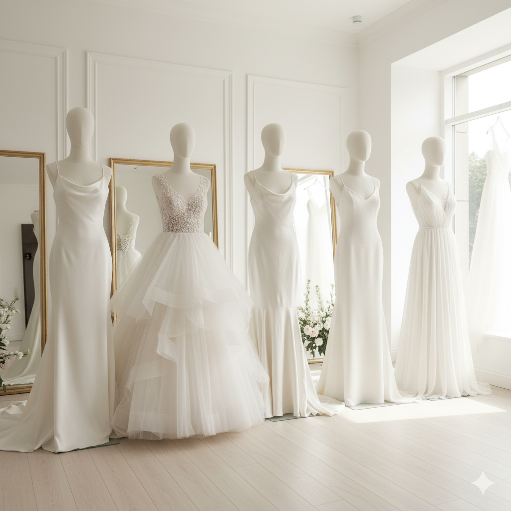 Aライン、プリンセス、マーメイド、スレンダー、エンパイアの5種類のウェディングドレスが並んで展示されているイメージ
