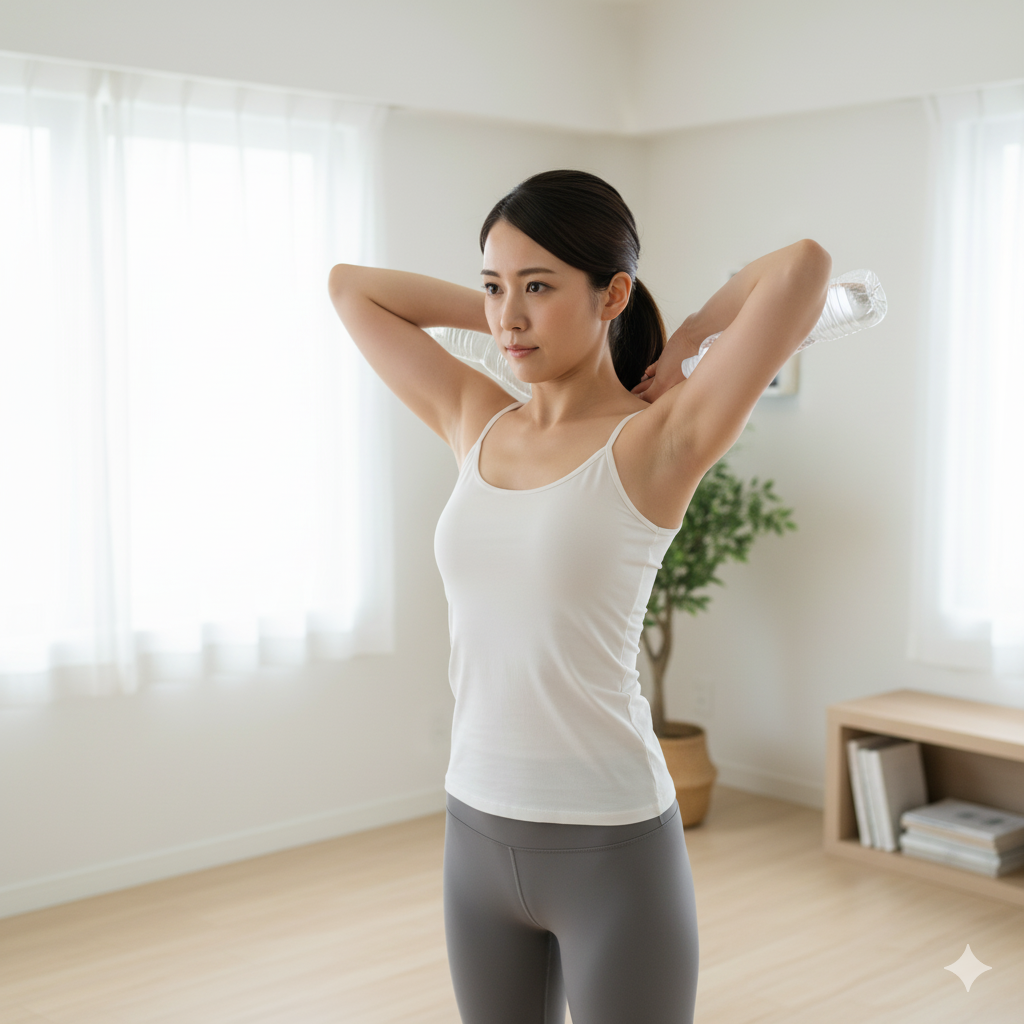 結婚式のためのダイエットに間に合わないと悩む花嫁が、自宅で二の腕を引き締めるエクササイズをしている様子