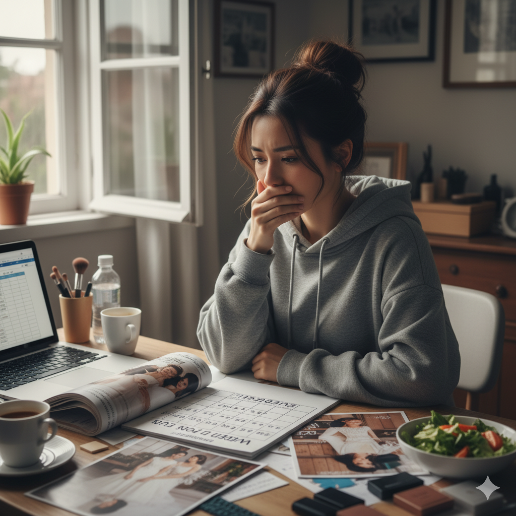 ダイエット計画に悩んでため息をつく花嫁
