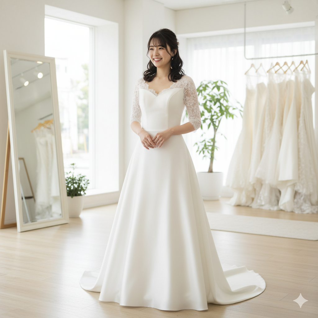 鏡の前でAラインの白いウェディングドレスを試着する日本人女性の花嫁姿