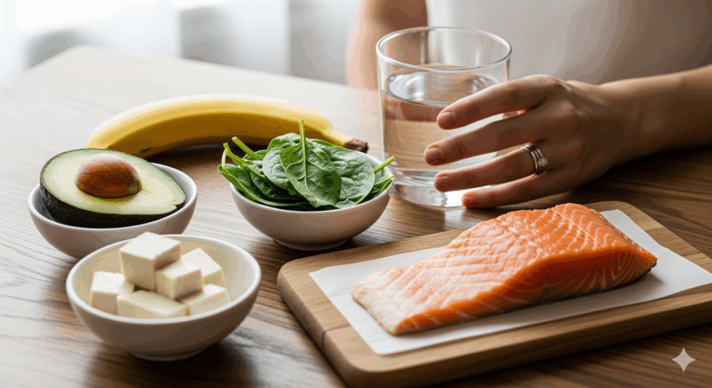 結婚式まで1ヶ月ダイエットの1週目におすすめの食材（アボカドやサーモンなど）と水分補給のイメージ。
