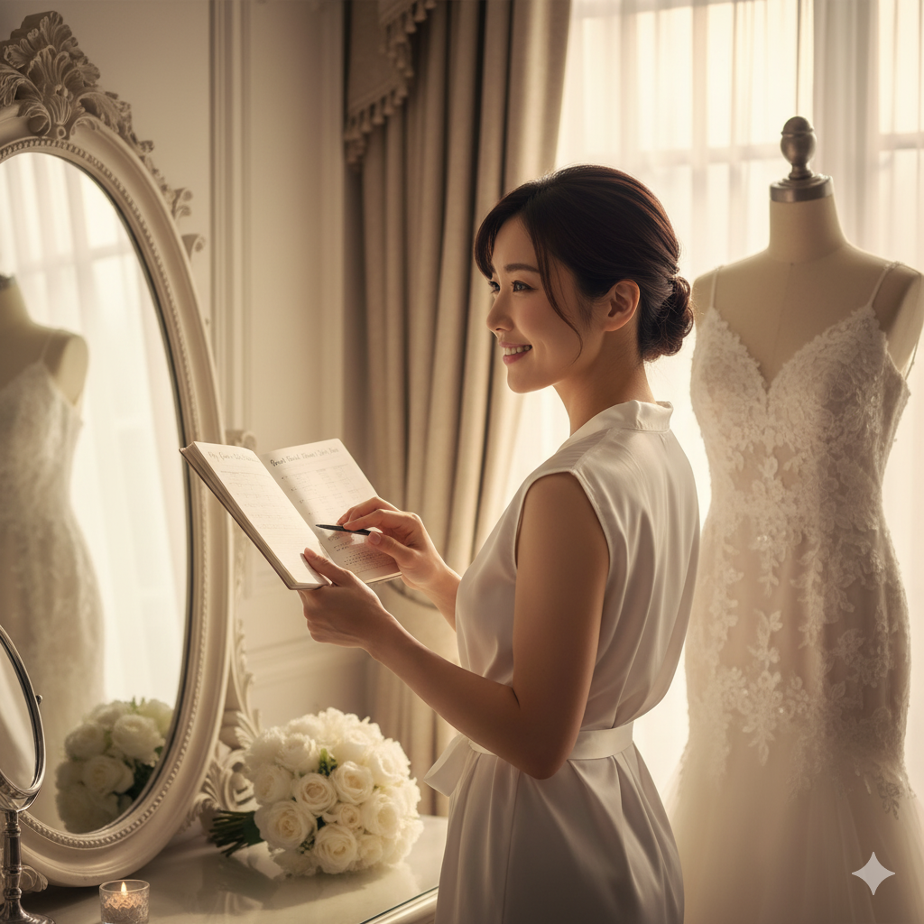 半年間のダイエットを成功させ、自信を持って結婚式を迎える花嫁のイメージ
