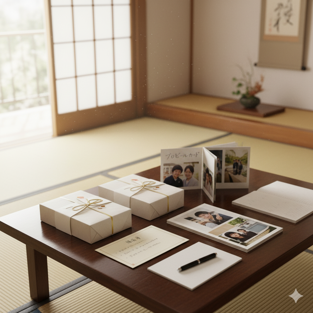 両家顔合わせに必要な手土産や進行表、自己紹介用のグッズが並べられたテーブル
