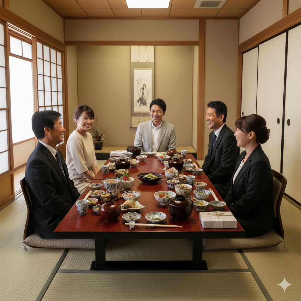 両家顔合わせで料理と手土産を囲みながら笑顔で会話する家族の様子
