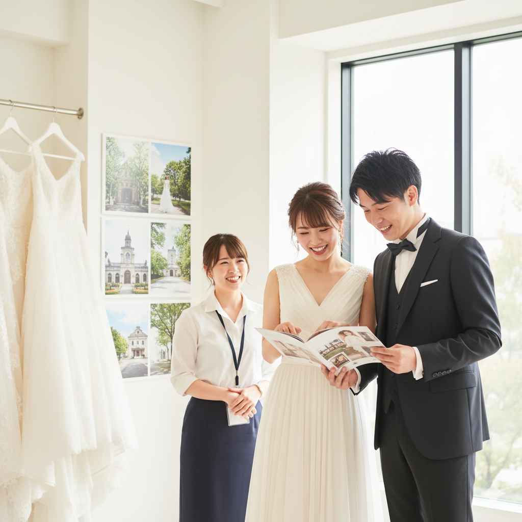 スタジオ見学でスタッフに相談する花嫁と新郎のイメージ写真
