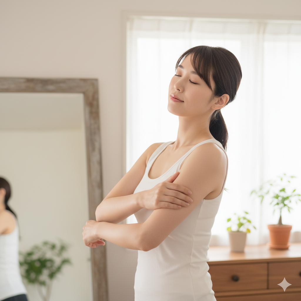 結婚式直前に二の腕をすっきり見せるためにリンパマッサージを行う花嫁のイメージ
