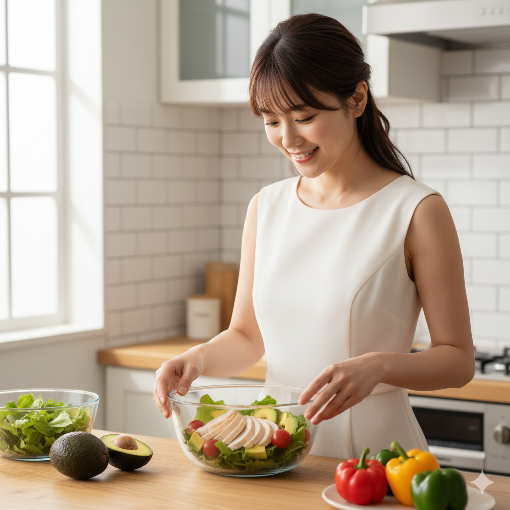 結婚式のダイエットに間に合わないと悩む花嫁が、鶏胸肉と野菜を使った栄養バランスの良い食事を準備している様子