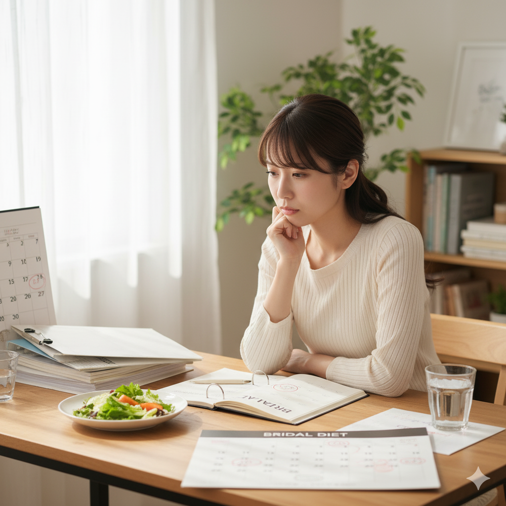 結婚式へのダイエット に後悔を感じている花嫁が、結婚準備のスケジュールを見ながら悩んでいる様子