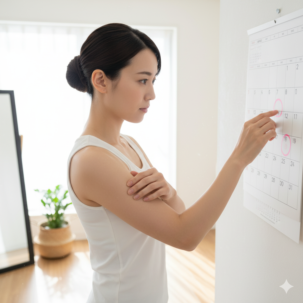 結婚式までに二の腕を痩せたい花嫁が、スケジュールを確認しながら二の腕ラインをチェックしている様子
