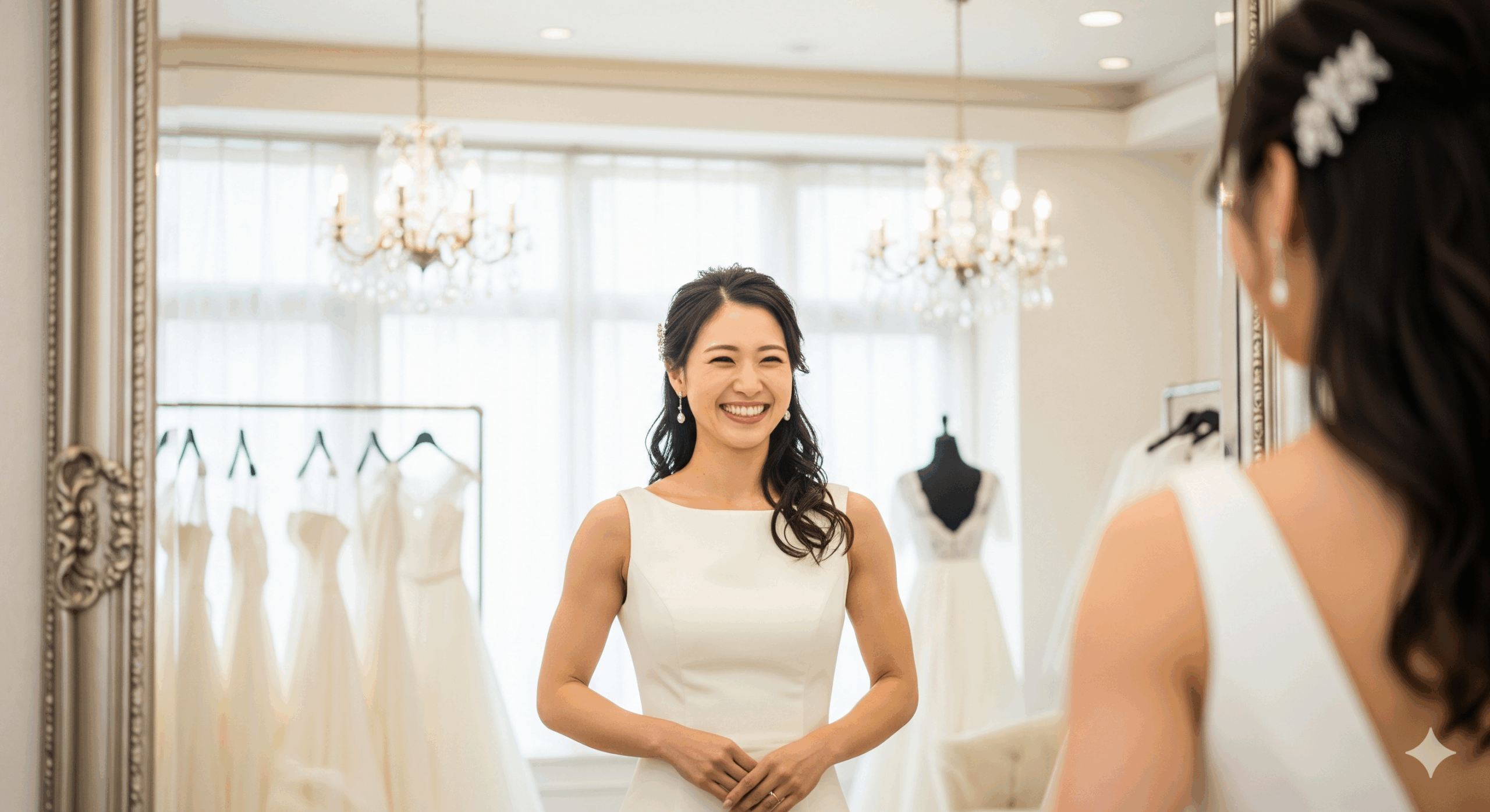 結婚式のために15 キロのダイエットを目指す日本人花嫁がドレス試着で微笑むシーン