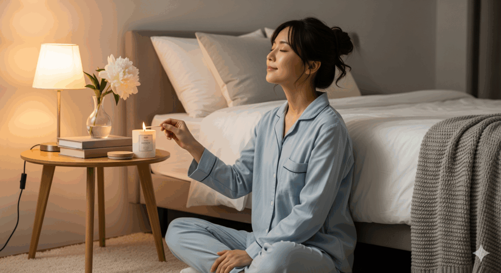 結婚式まで1ヶ月ダイエットの3週目に取り入れる、睡眠と自律神経を整える花嫁のリラックスタイムのイメージ。
